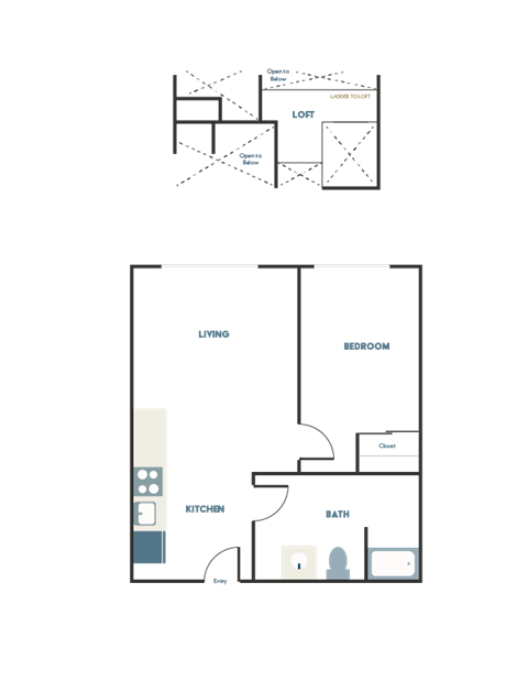 Floor plan for 1 bed, 1 bath, 519 sqft